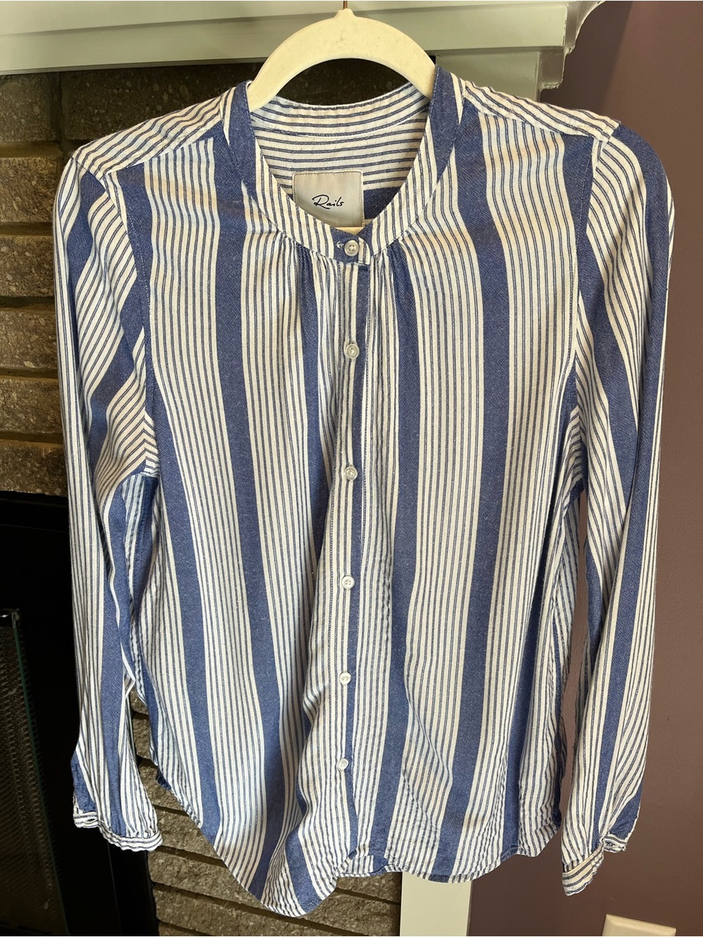 RAILS Super Soft Metallic Blue White Striped Button Down Long Sleeve Blouse Med
